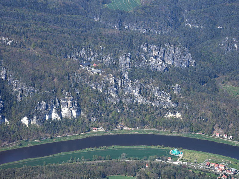 Panoramic view of the Elbe river winding through the sandstone mountains